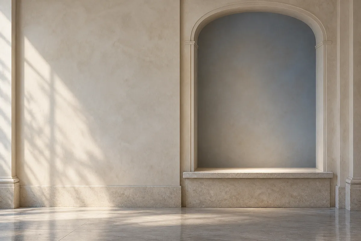 Soft museum light across ivory stone walls and an empty arched display niche