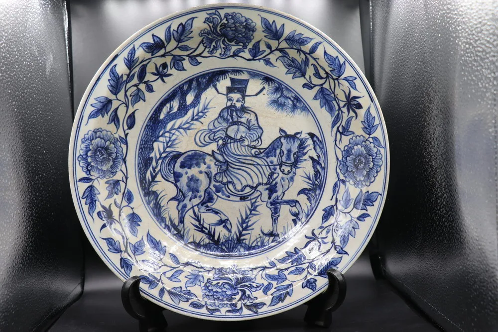 Antique Chinese Blue and White Ming Dynasty Plate with Character Riding a Horse, view 2