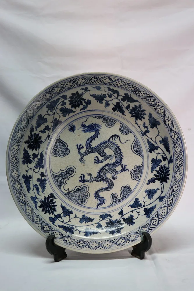 Antique Chinese Blue and White Yuan Charger Plate 3 Claw Dragon