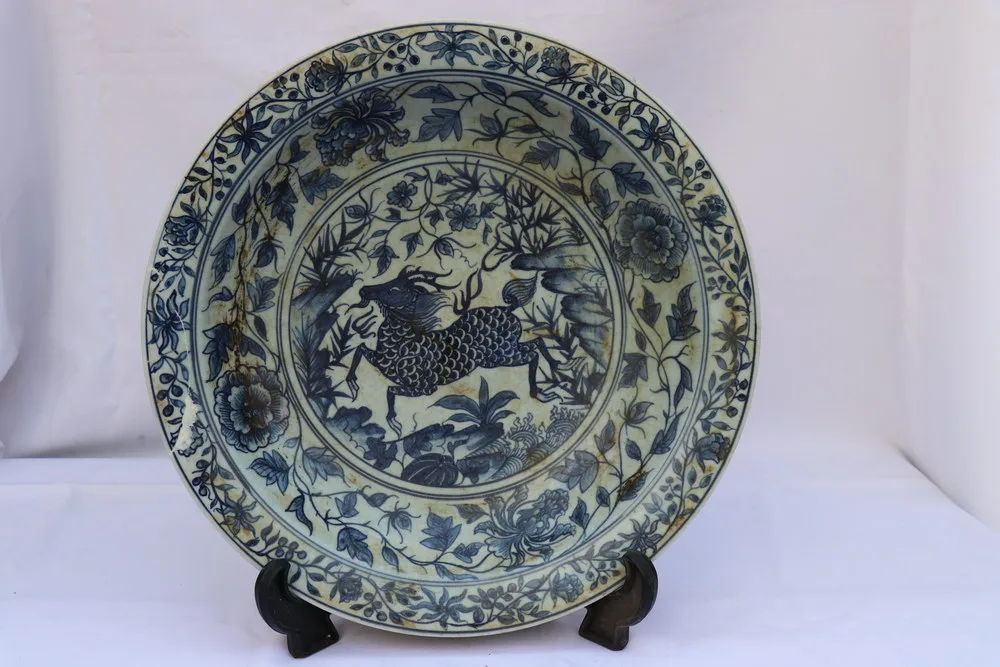 Antique Chinese Ming Dynasty Blue and White Porcelain Plate Qilin Painting, view 2