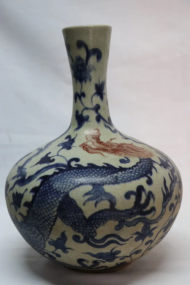 Antique Chinese Porcelain Blue and White and Red 3 Claw Dragon Early Yuan dynasty