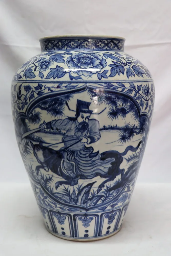 Blue and White Porcelain Ming Vase Warrior Riding a Horse, view 2