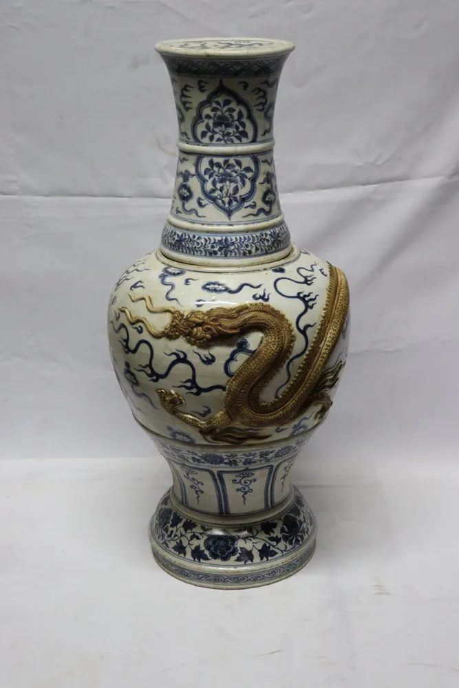 Rare Antique Chinese Blue and White Porcelain Ming Vase with Clay Dragon, view 2