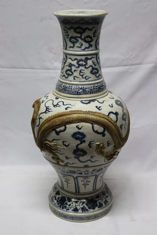Rare Antique Chinese Blue and White Porcelain Ming Vase with Clay Dragon, view 3