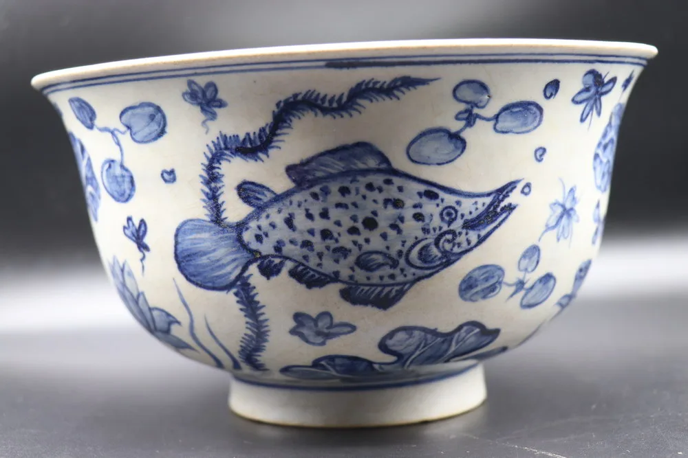Yuan Dynasty Blue and White Porcelain Bowl with Fish and Lotus